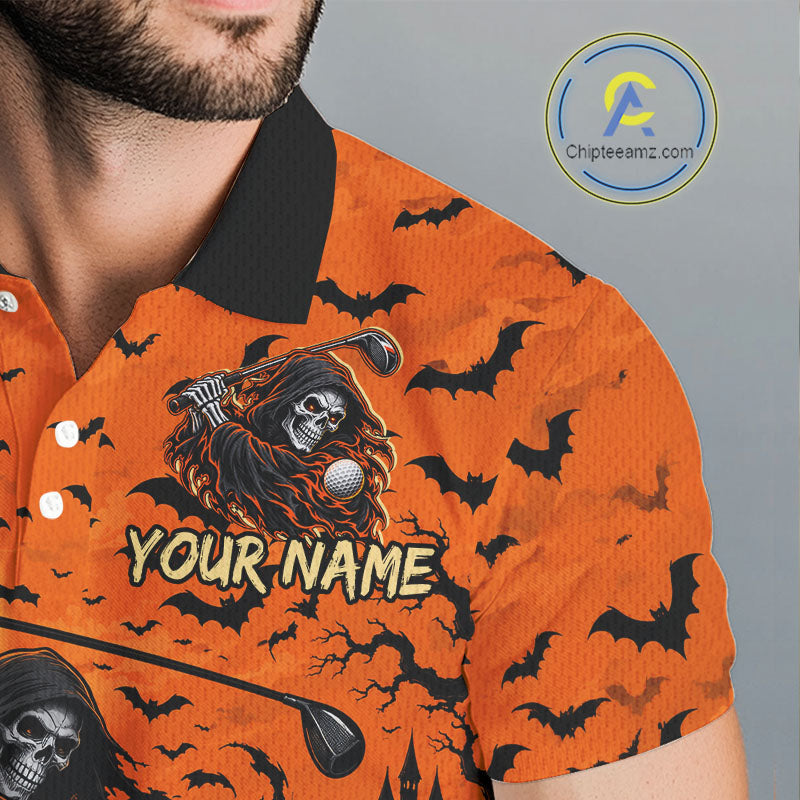 Grim Reaper Golf Halloween Orange Men Polo Shirt Custom Bats Full Moon Sports Club Jersey NHT1692