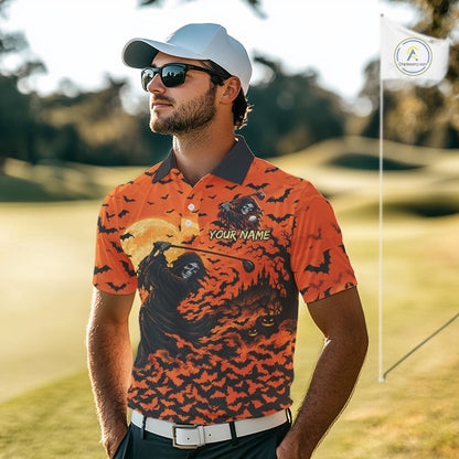 Grim Reaper Golf Halloween Orange Men Polo Shirt Custom Bats Full Moon Sports Club Jersey NHT1692