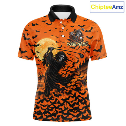 Grim Reaper Golf Halloween Orange Men Polo Shirt Custom Bats Full Moon Sports Club Jersey NHT1692