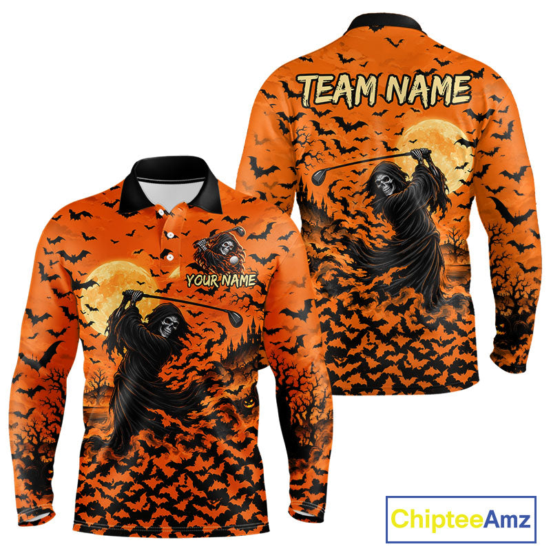 Grim Reaper Golf Halloween Orange Men Polo Shirt Custom Bats Full Moon Sports Club Jersey NHT1692