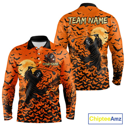 Grim Reaper Golf Halloween Orange Men Polo Shirt Custom Bats Full Moon Sports Club Jersey NHT1692
