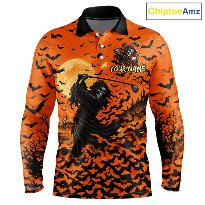 Grim Reaper Golf Halloween Orange Men Polo Shirt Custom Bats Full Moon Sports Club Jersey NHT1692