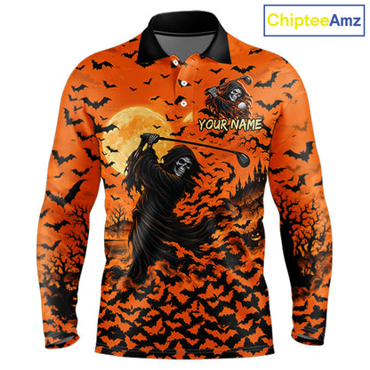 Grim Reaper Golf Halloween Orange Men Polo Shirt Custom Bats Full Moon Sports Club Jersey NHT1692