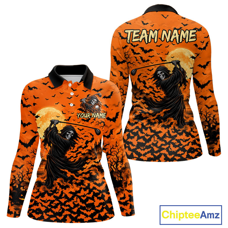 Grim Reaper Golf Halloween Orange Women Polo Shirt Custom Bats Full Moon Sports Club Jersey NHT1692