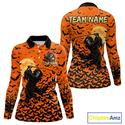 Grim Reaper Golf Halloween Orange Women Polo Shirt Custom Bats Full Moon Sports Club Jersey NHT1692