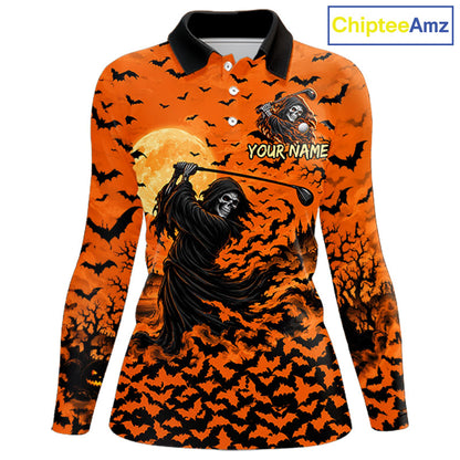 Grim Reaper Golf Halloween Orange Women Polo Shirt Custom Bats Full Moon Sports Club Jersey NHT1692