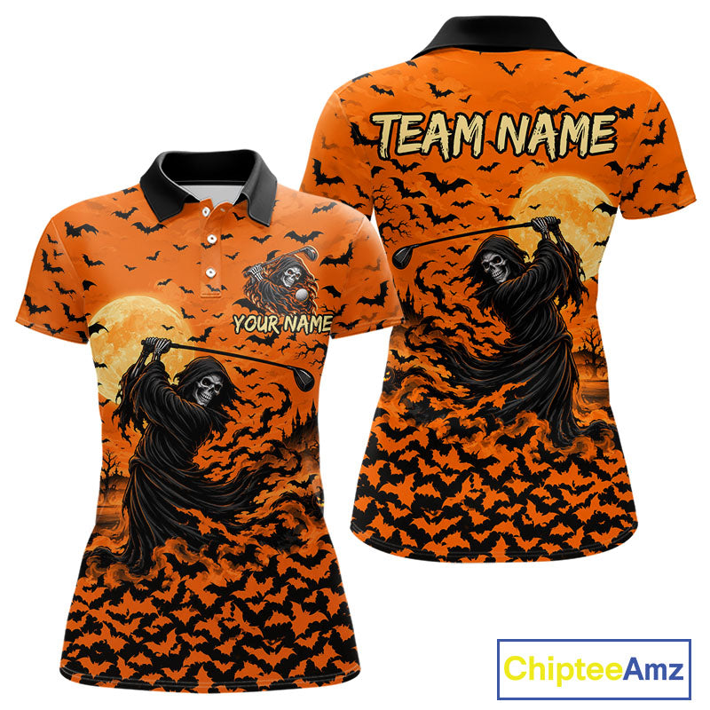 Grim Reaper Golf Halloween Orange Women Polo Shirt Custom Bats Full Moon Sports Club Jersey NHT1692