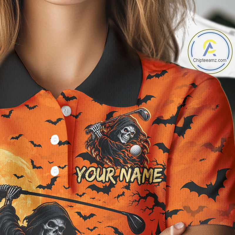 Grim Reaper Golf Halloween Orange Women Polo Shirt Custom Bats Full Moon Sports Club Jersey NHT1692