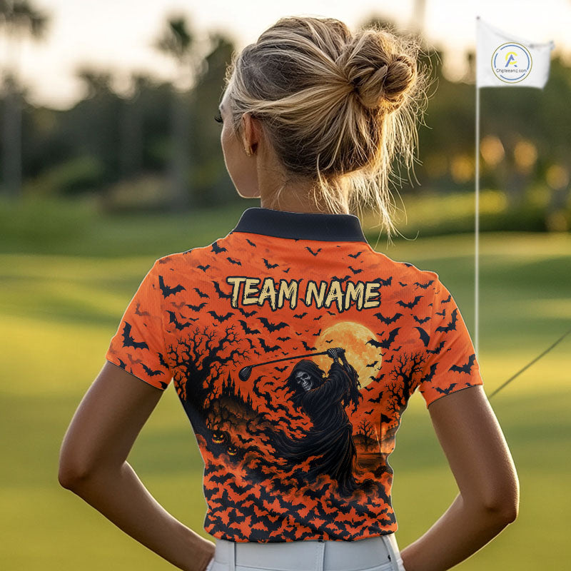Grim Reaper Golf Halloween Orange Women Polo Shirt Custom Bats Full Moon Sports Club Jersey NHT1692