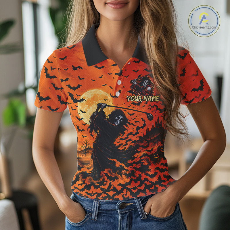 Grim Reaper Golf Halloween Orange Women Polo Shirt Custom Bats Full Moon Sports Club Jersey NHT1692