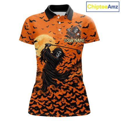 Grim Reaper Golf Halloween Orange Women Polo Shirt Custom Bats Full Moon Sports Club Jersey NHT1692