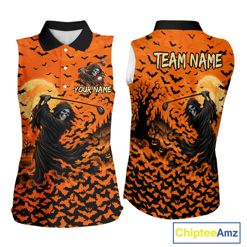 Grim Reaper Golf Halloween Orange Women Sleeveless Polo Shirt Custom Bats Full Moon Sports Club Jersey NHT1692