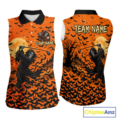 Grim Reaper Golf Halloween Orange Women Sleeveless Polo Shirt Custom Bats Full Moon Sports Club Jersey NHT1692