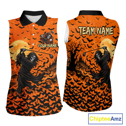 Grim Reaper Golf Halloween Orange Women Sleeveless Polo Shirt Custom Bats Full Moon Sports Club Jersey NHT1692