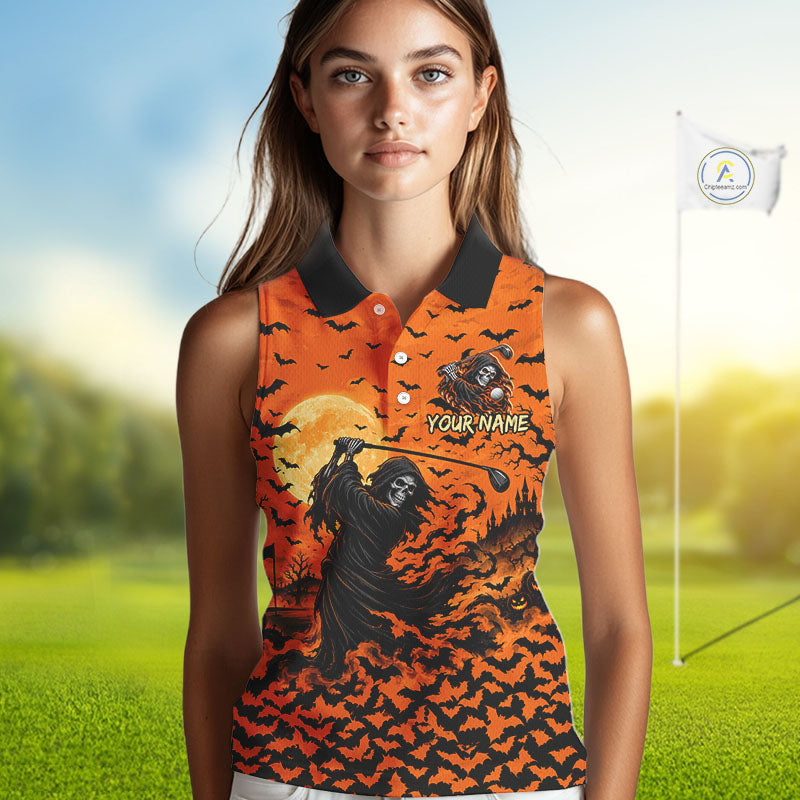 Grim Reaper Golf Halloween Orange Women Sleeveless Polo Shirt Custom Bats Full Moon Sports Club Jersey NHT1692
