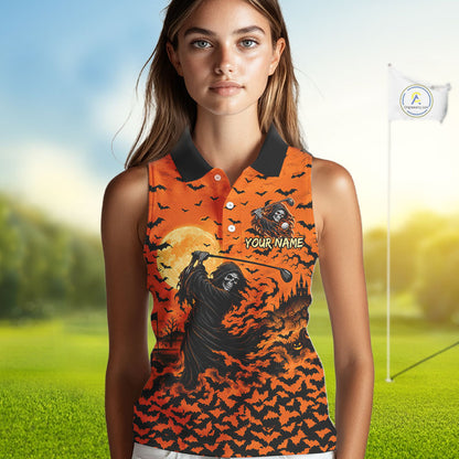 Grim Reaper Golf Halloween Orange Women Sleeveless Polo Shirt Custom Bats Full Moon Sports Club Jersey NHT1692