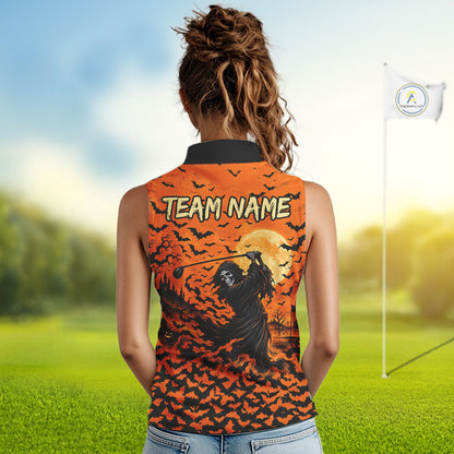 Grim Reaper Golf Halloween Orange Women Sleeveless Polo Shirt Custom Bats Full Moon Sports Club Jersey NHT1692