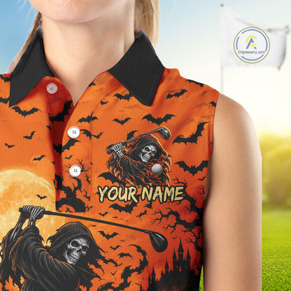 Grim Reaper Golf Halloween Orange Women Sleeveless Polo Shirt Custom Bats Full Moon Sports Club Jersey NHT1692