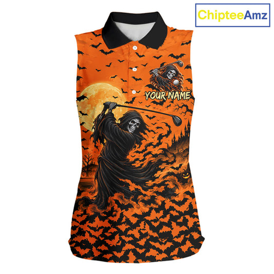 Grim Reaper Golf Halloween Orange Women Sleeveless Polo Shirt Custom Bats Full Moon Sports Club Jersey NHT1692