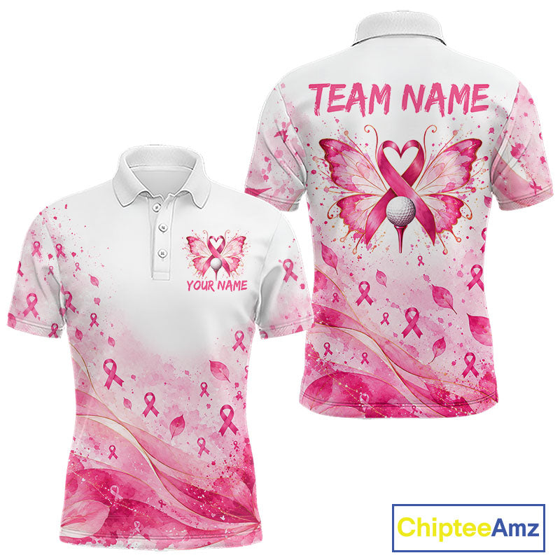 Breast Cancer Awareness Butterfly Men Golf Polo Shirt Custom Pink Ribbon Team Jersey NHT1695