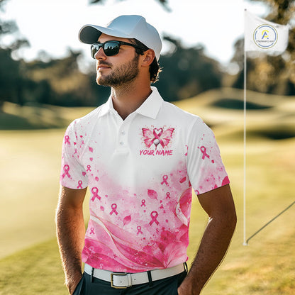 Breast Cancer Awareness Butterfly Men Golf Polo Shirt Custom Pink Ribbon Team Jersey NHT1695