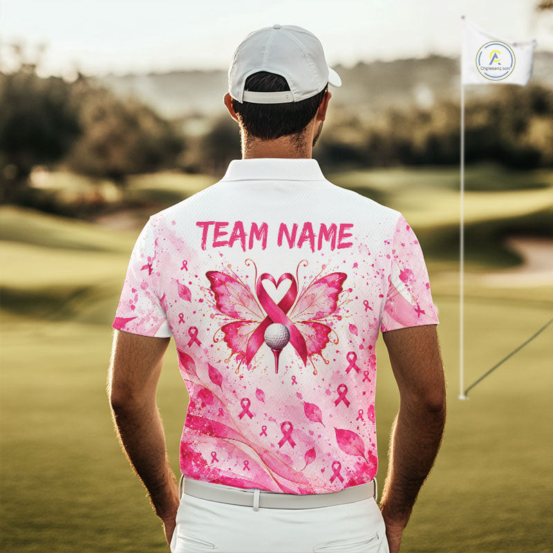 Breast Cancer Awareness Butterfly Men Golf Polo Shirt Custom Pink Ribbon Team Jersey NHT1695