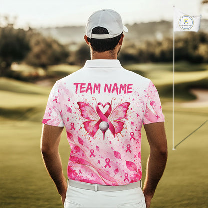 Breast Cancer Awareness Butterfly Men Golf Polo Shirt Custom Pink Ribbon Team Jersey NHT1695