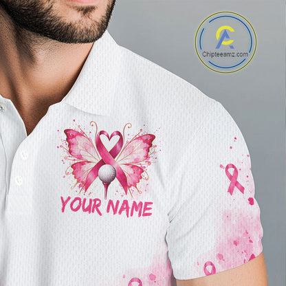 Breast Cancer Awareness Butterfly Men Golf Polo Shirt Custom Pink Ribbon Team Jersey NHT1695
