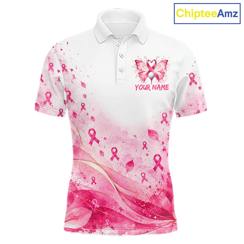 Breast Cancer Awareness Butterfly Men Golf Polo Shirt Custom Pink Ribbon Team Jersey NHT1695