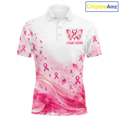Breast Cancer Awareness Butterfly Men Golf Polo Shirt Custom Pink Ribbon Team Jersey NHT1695