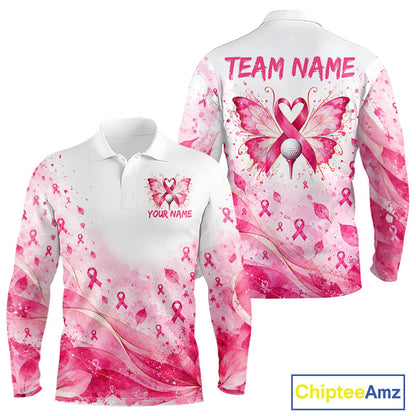 Breast Cancer Awareness Butterfly Men Golf Polo Shirt Custom Pink Ribbon Team Jersey NHT1695