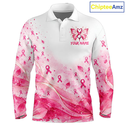 Breast Cancer Awareness Butterfly Men Golf Polo Shirt Custom Pink Ribbon Team Jersey NHT1695