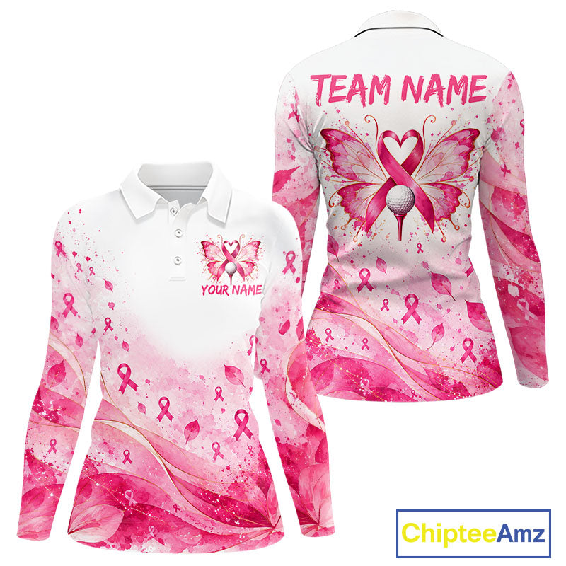 Breast Cancer Awareness Butterfly Women Golf Polo Shirt  Custom Pink Ribbon Team Jersey NHT1695