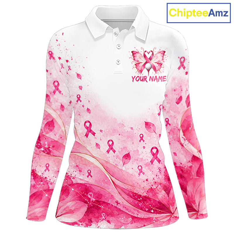 Breast Cancer Awareness Butterfly Women Golf Polo Shirt  Custom Pink Ribbon Team Jersey NHT1695