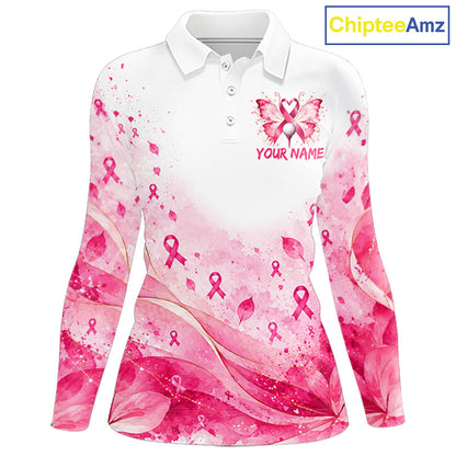 Breast Cancer Awareness Butterfly Women Golf Polo Shirt  Custom Pink Ribbon Team Jersey NHT1695