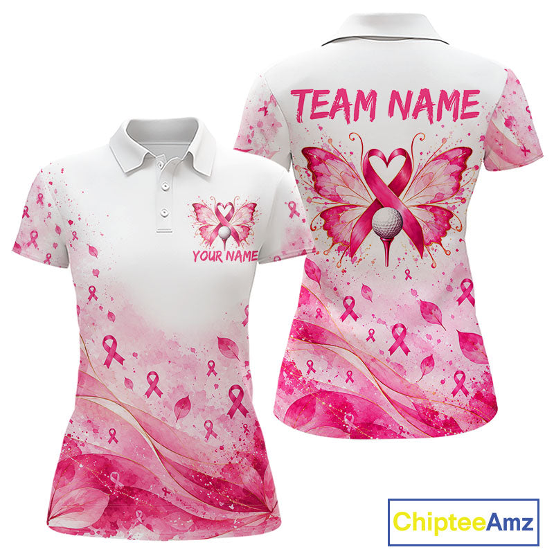 Breast Cancer Awareness Butterfly Women Golf Polo Shirt  Custom Pink Ribbon Team Jersey NHT1695