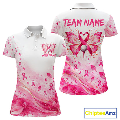 Breast Cancer Awareness Butterfly Women Golf Polo Shirt  Custom Pink Ribbon Team Jersey NHT1695