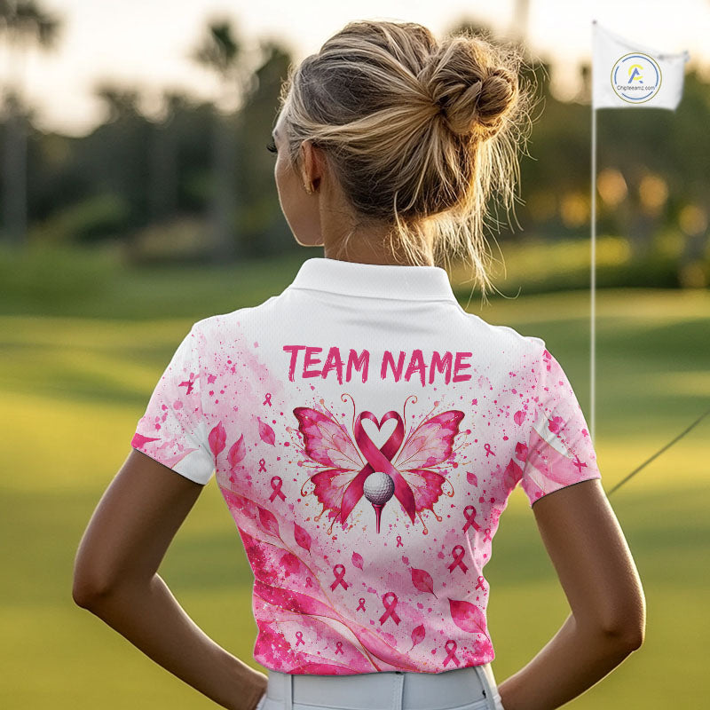 Breast Cancer Awareness Butterfly Women Golf Polo Shirt  Custom Pink Ribbon Team Jersey NHT1695