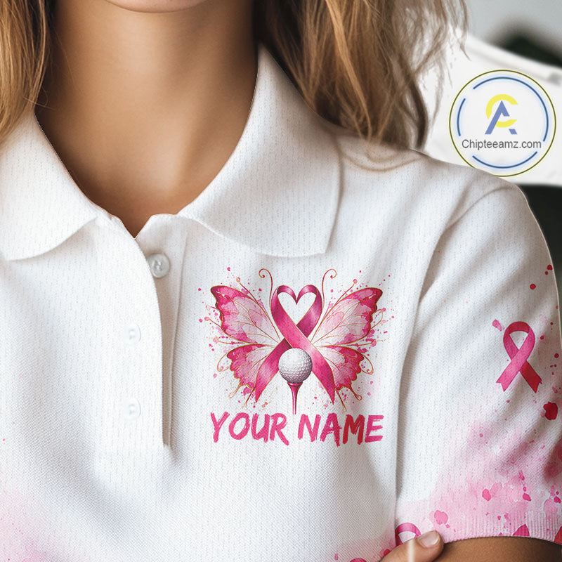 Breast Cancer Awareness Butterfly Women Golf Polo Shirt  Custom Pink Ribbon Team Jersey NHT1695
