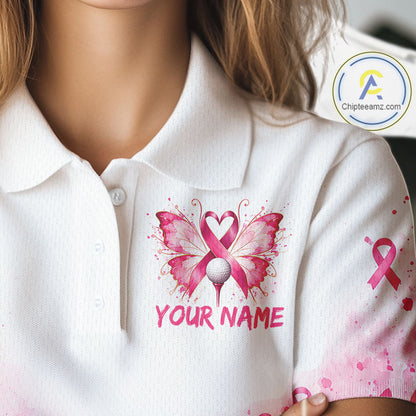 Breast Cancer Awareness Butterfly Women Golf Polo Shirt  Custom Pink Ribbon Team Jersey NHT1695