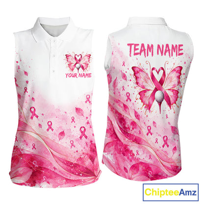 Breast Cancer Awareness Butterfly Women Sleeveless Golf Polo Shirt Custom Pink Ribbon Team Jersey NHT1695