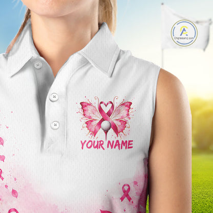 Breast Cancer Awareness Butterfly Women Sleeveless Golf Polo Shirt Custom Pink Ribbon Team Jersey NHT1695