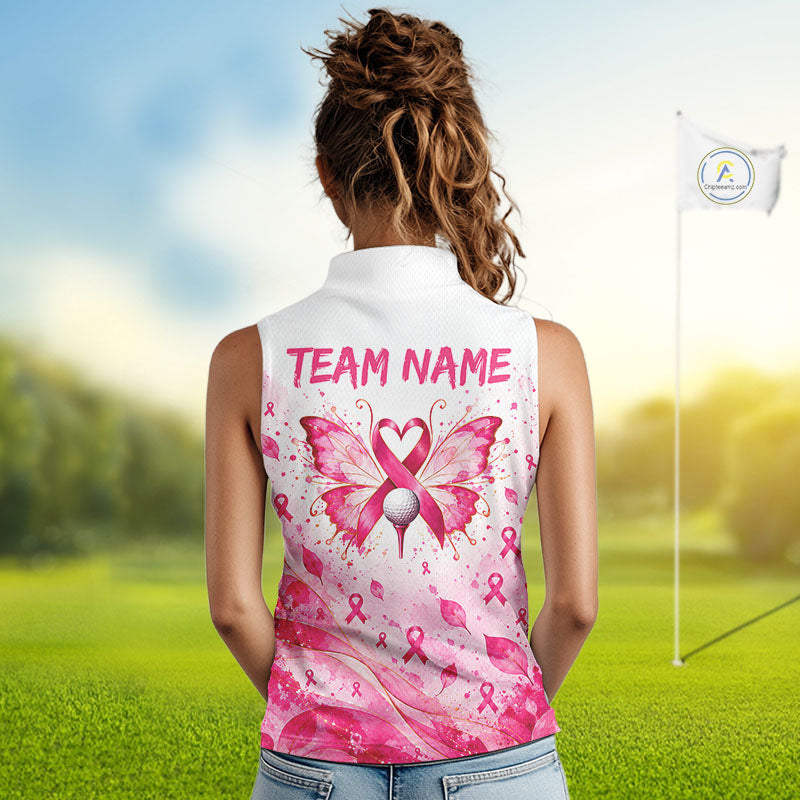 Breast Cancer Awareness Butterfly Women Sleeveless Golf Polo Shirt Custom Pink Ribbon Team Jersey NHT1695