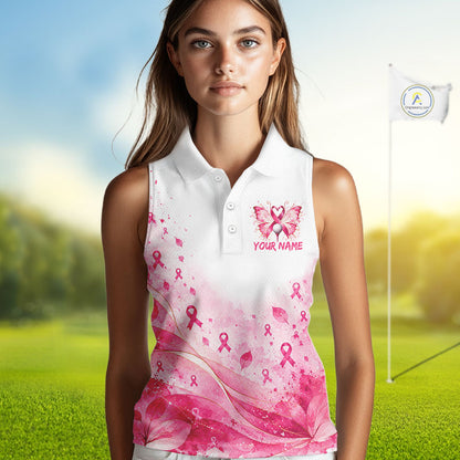 Breast Cancer Awareness Butterfly Women Sleeveless Golf Polo Shirt Custom Pink Ribbon Team Jersey NHT1695