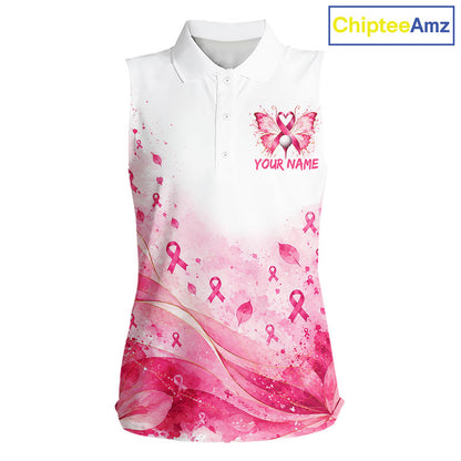 Breast Cancer Awareness Butterfly Women Sleeveless Golf Polo Shirt Custom Pink Ribbon Team Jersey NHT1695
