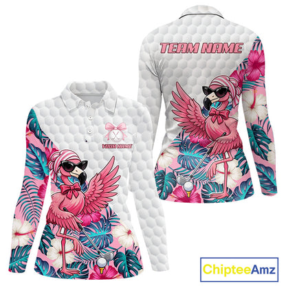 Pink Flamingo Golf Shirt For Women, Funny Tropical Patten Golf Polo Shirt, Ladies Golf Outfit For Team NHT730