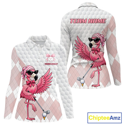 Pink Flamingo Golf Shirt For Women, Funny Argyle Patten Golf Polo Shirt, Ladies Golf Outfit For Team NHT731