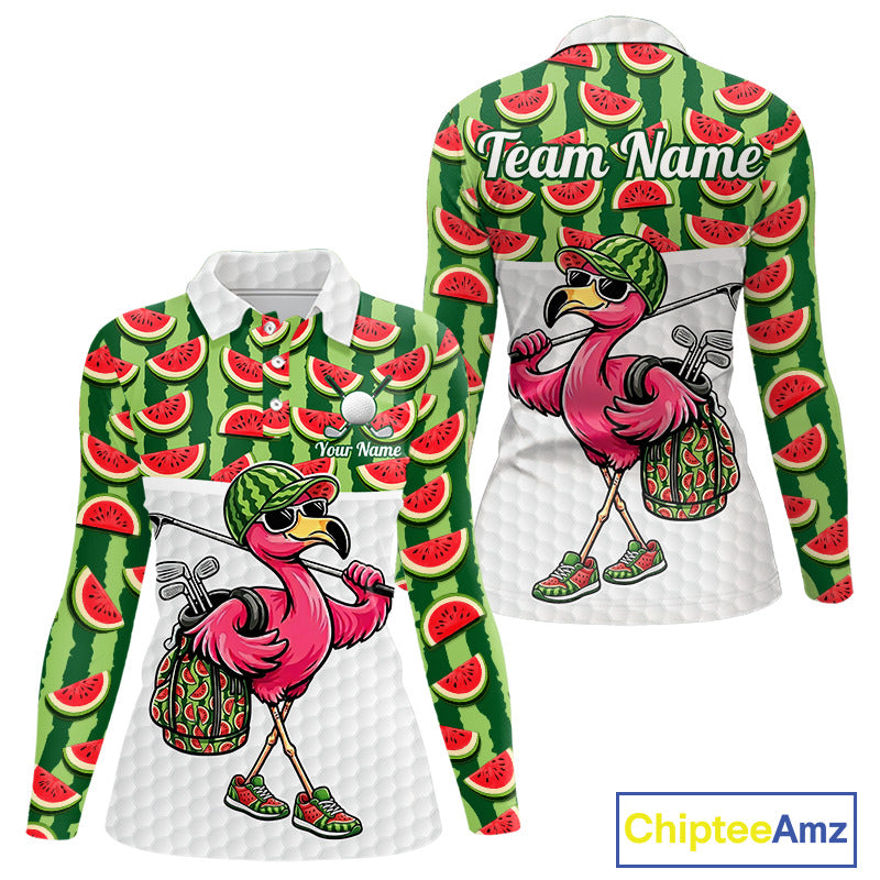 Golfing Flamingo Womens Funny Golf Polo Shirt Custom Green Pattern Watermelon Golf Ball Clothes Shirts NHT740