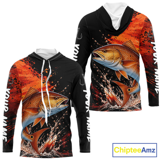 Redfish Fishing Jersey, Red Drum Fish Long Sleeve Hooded Shirt, Sport Fishing Shirt For Men NHT1536