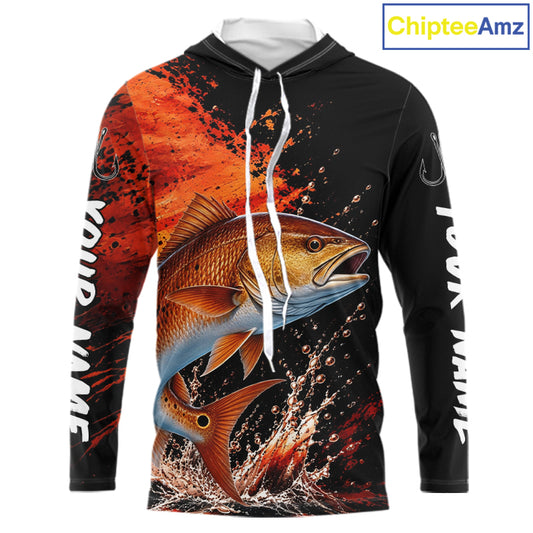 Redfish Fishing Jersey, Red Drum Fish Long Sleeve Hooded Shirt, Sport Fishing Shirt For Men NHT1536